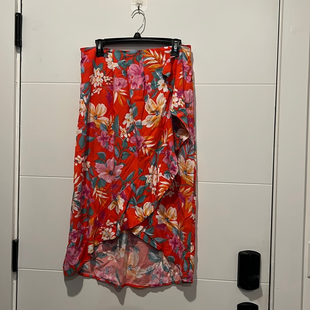 NWT Cynthia Rowley red tropical print asymmetrical ruffle skirt elastic waist L